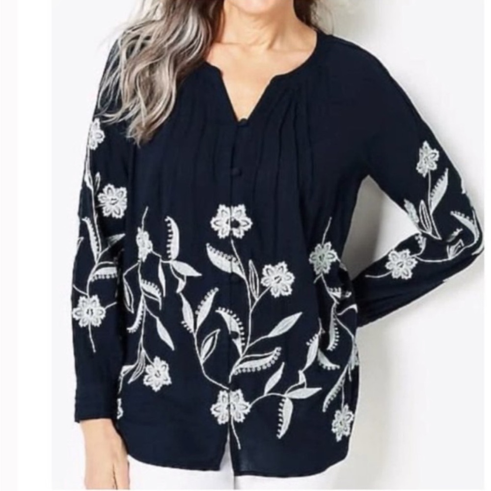 J. Jill embroidered navy blouse top